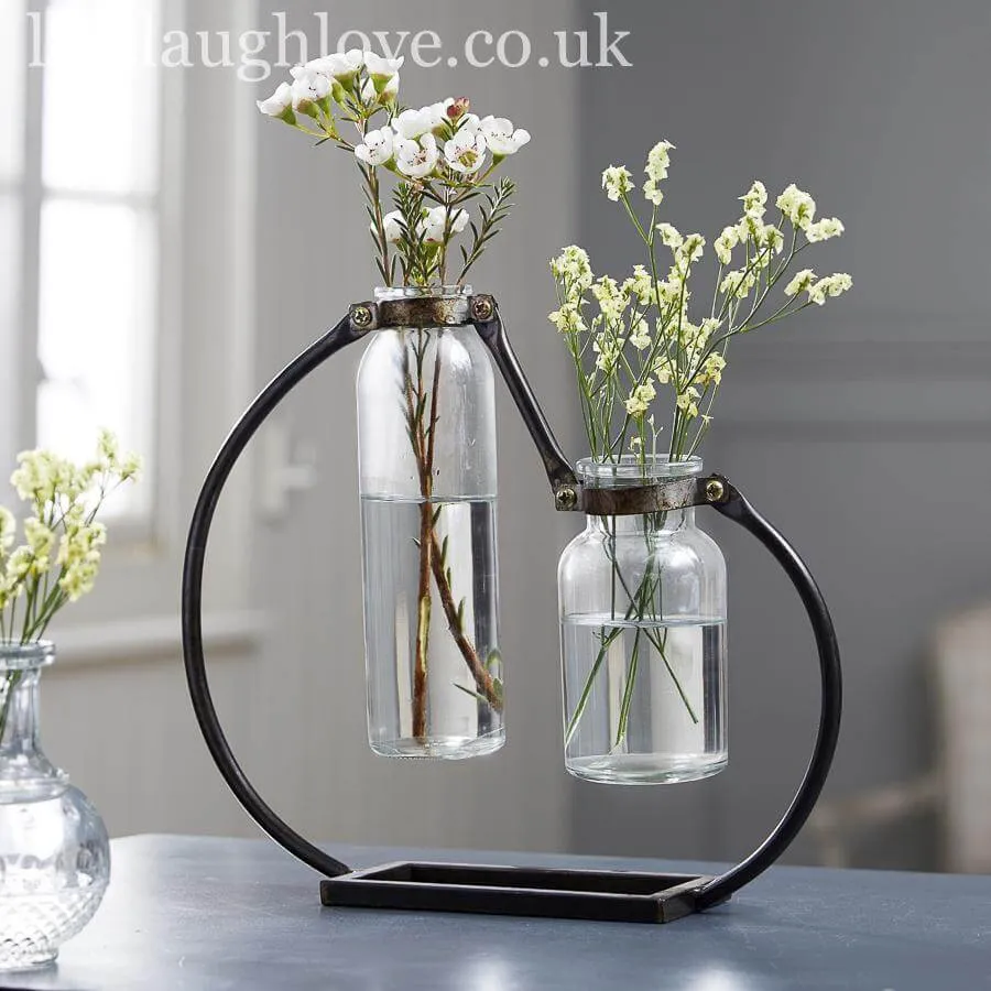 Duo Of Bottle Vases In Metal Holder