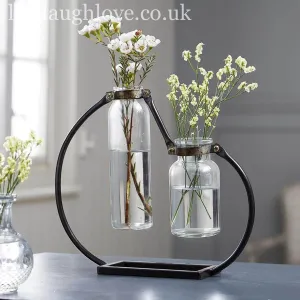 Duo Of Bottle Vases In Metal Holder