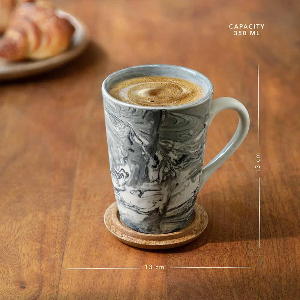 Ellementry Carbon Ceramic Mug with Wooden Lid (350 ML) | Mug for Coffee, Tea and Milk | Microwave Safe Cup | Tall Cofee Mug for Office, Home and Travel | Chip Resistant | Birthday Gift