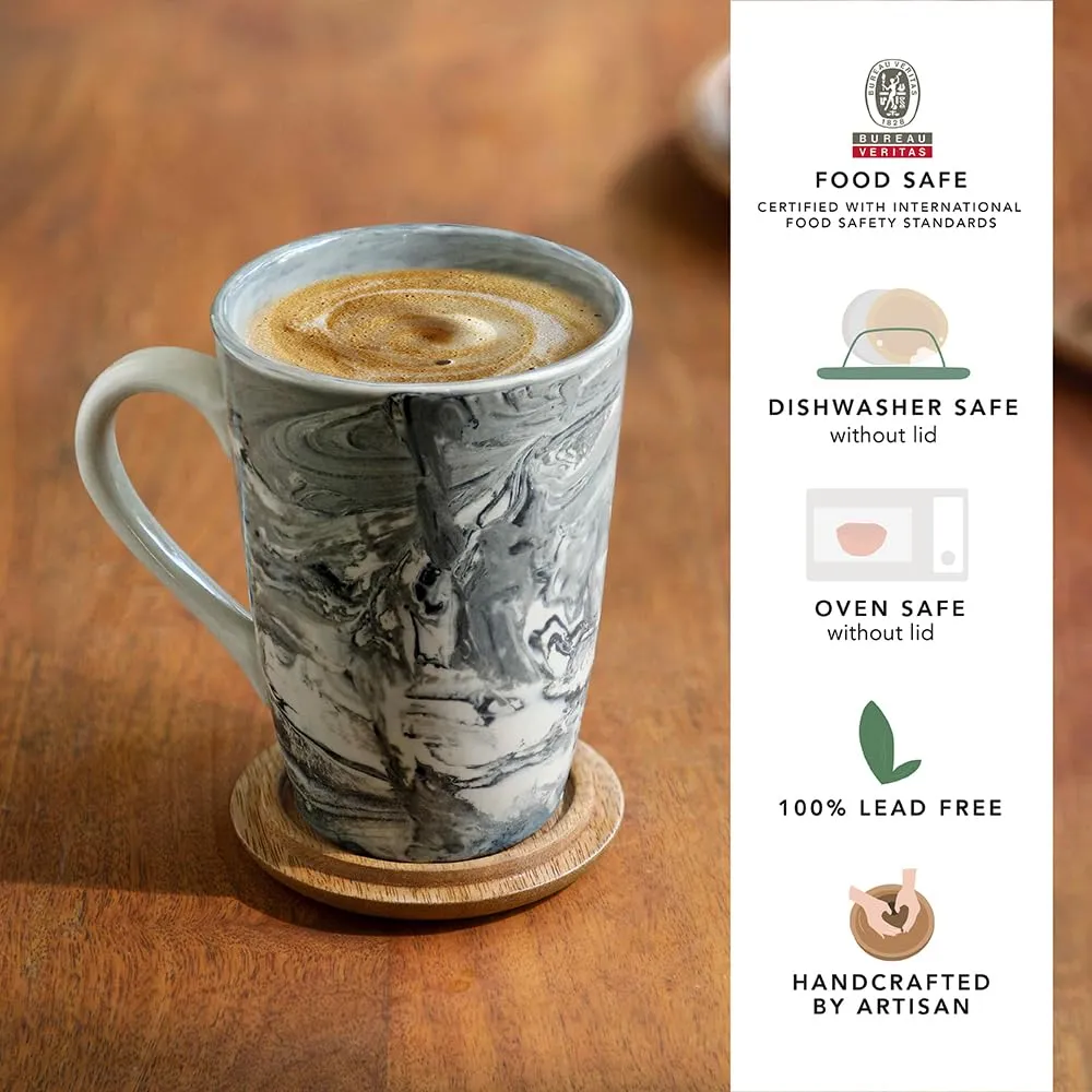 Ellementry Carbon Ceramic Mug with Wooden Lid (350 ML) | Mug for Coffee, Tea and Milk | Microwave Safe Cup | Tall Cofee Mug for Office, Home and Travel | Chip Resistant | Birthday Gift