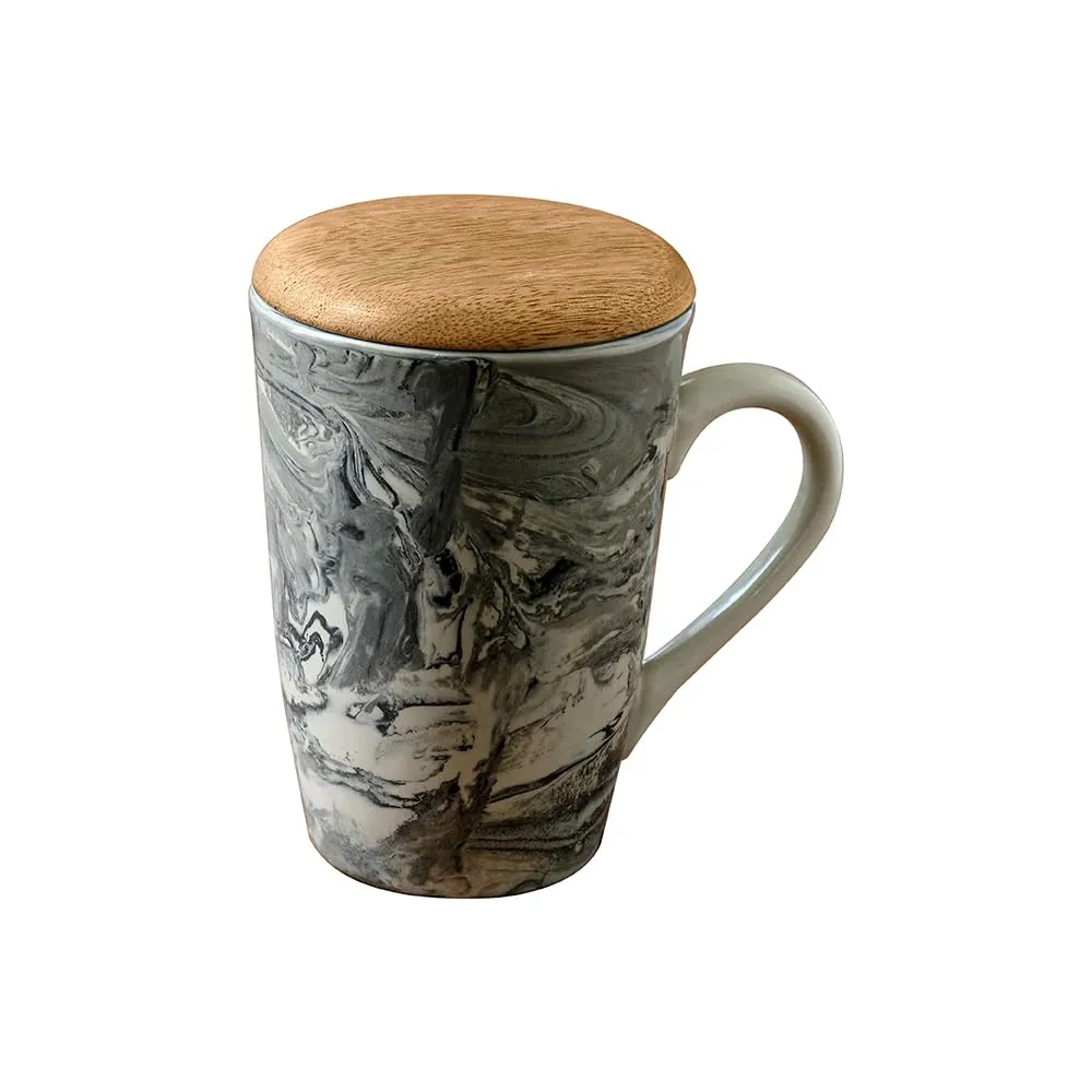 Ellementry Carbon Ceramic Mug with Wooden Lid (350 ML) | Mug for Coffee, Tea and Milk | Microwave Safe Cup | Tall Cofee Mug for Office, Home and Travel | Chip Resistant | Birthday Gift