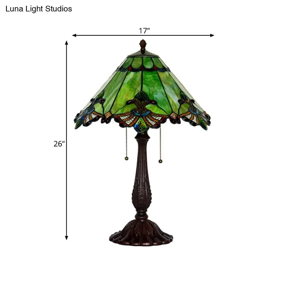Emerald Green Glass Bronze Table Lamp - Baroque Style Nightstand Light