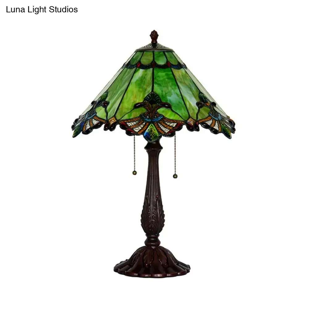 Emerald Green Glass Bronze Table Lamp - Baroque Style Nightstand Light