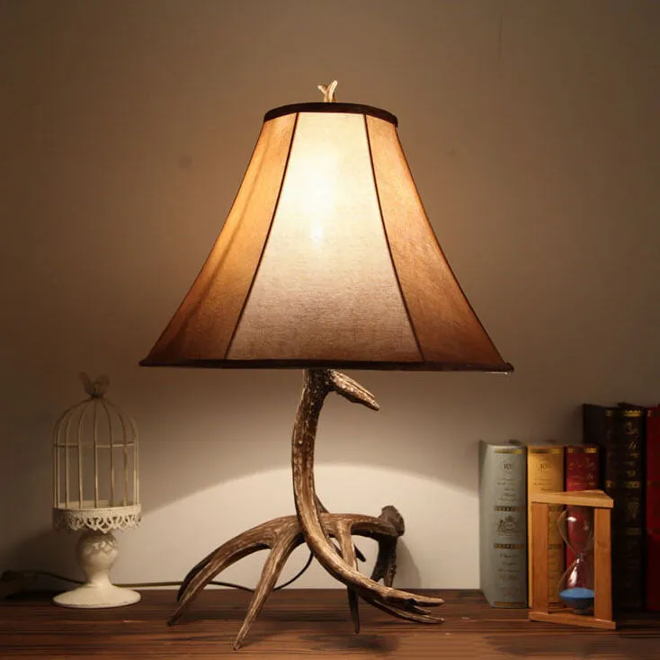 European Creative Antler Resin Faux Deer Pattern Fabric Shade 1-Light Table Lamp
