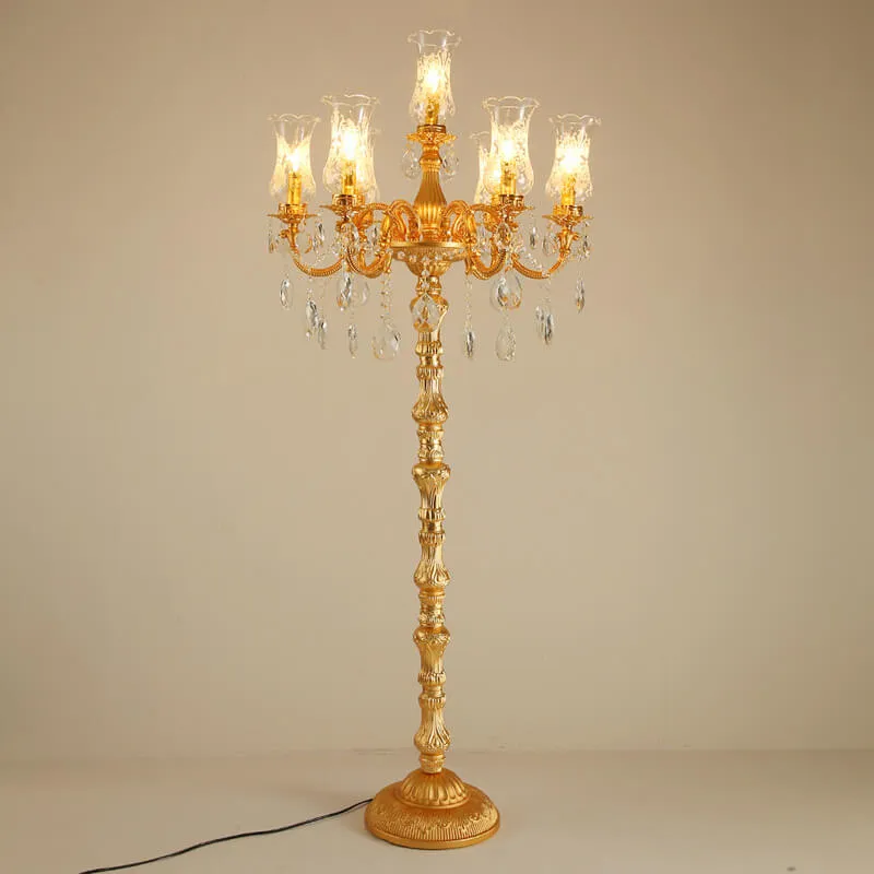 European Luxury Golden Crystal Zinc Alloy Candle Holder 7-Light Standing Floor Lamp