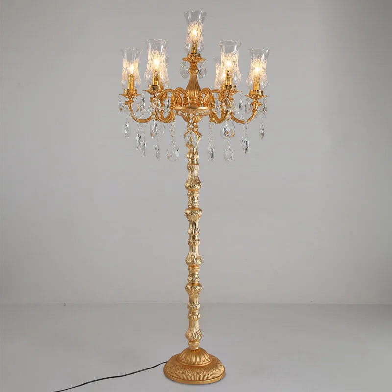 European Luxury Golden Crystal Zinc Alloy Candle Holder 7-Light Standing Floor Lamp