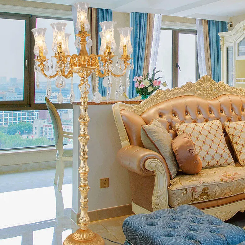 European Luxury Golden Crystal Zinc Alloy Candle Holder 7-Light Standing Floor Lamp