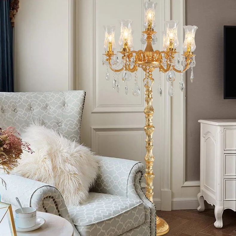 European Luxury Golden Crystal Zinc Alloy Candle Holder 7-Light Standing Floor Lamp