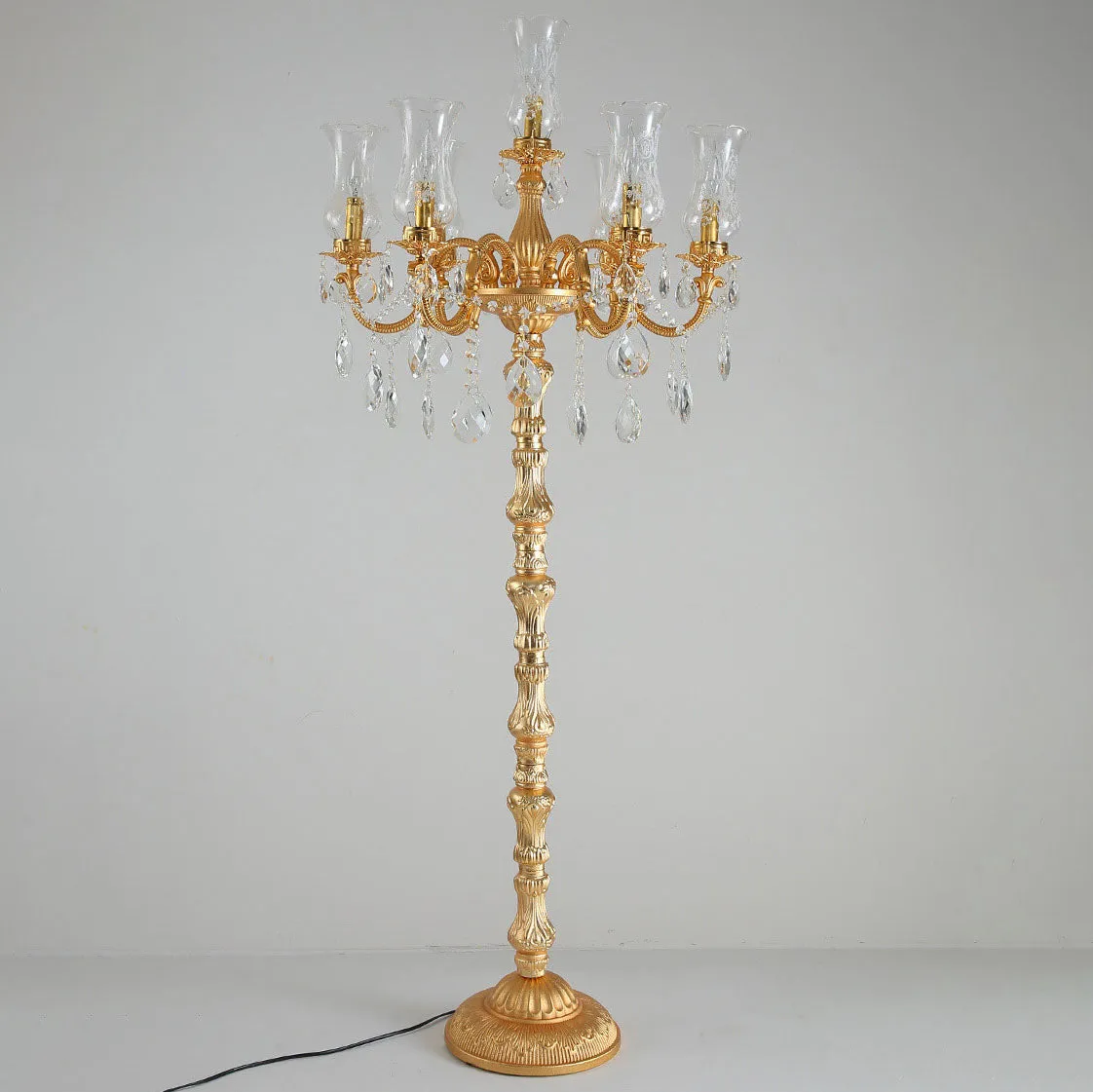 European Luxury Golden Crystal Zinc Alloy Candle Holder 7-Light Standing Floor Lamp