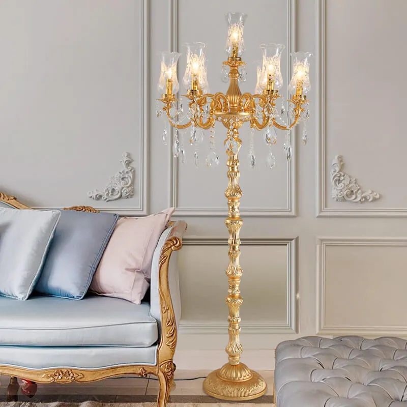 European Luxury Golden Crystal Zinc Alloy Candle Holder 7-Light Standing Floor Lamp