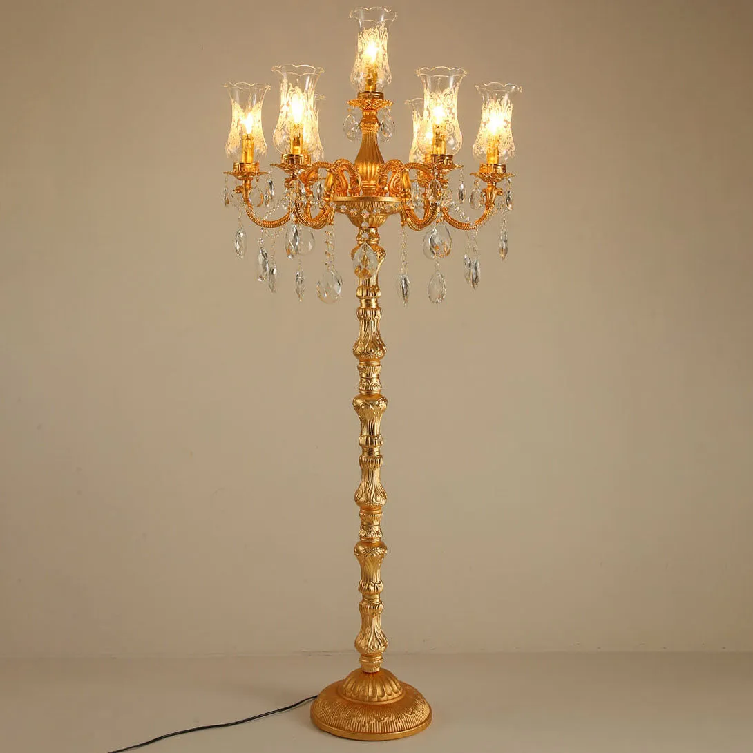 European Luxury Golden Crystal Zinc Alloy Candle Holder 7-Light Standing Floor Lamp