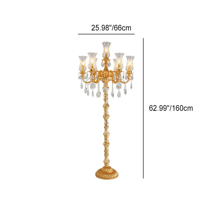 European Luxury Golden Crystal Zinc Alloy Candle Holder 7-Light Standing Floor Lamp