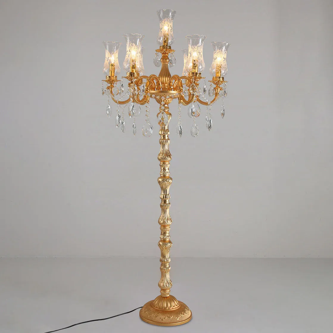 European Luxury Golden Crystal Zinc Alloy Candle Holder 7-Light Standing Floor Lamp