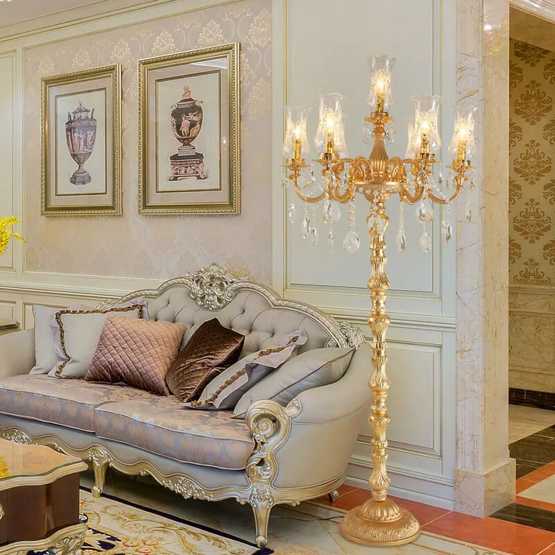 European Luxury Golden Crystal Zinc Alloy Candle Holder 7-Light Standing Floor Lamp