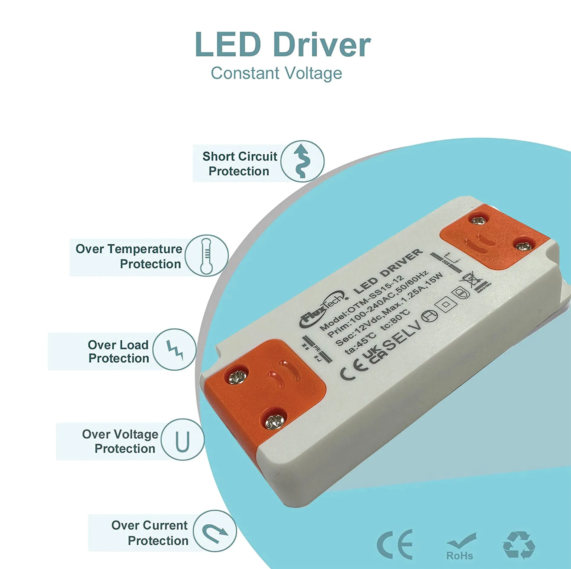 FluxTech - 12V DC Ultra Slim LED Driver 15W 1.25A - Ultra Slim Constant Voltage LED Power Supply Unit, 240V AC to 12V DC
