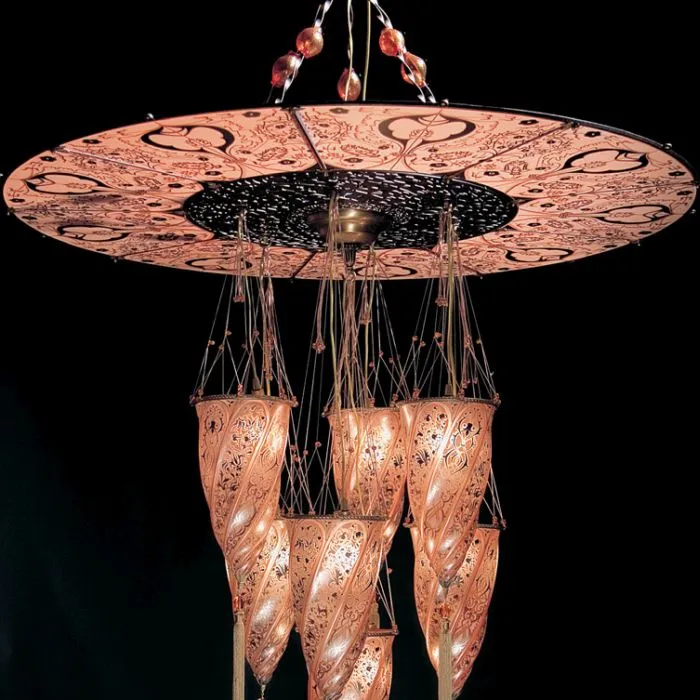 Fortuny Style 7 Light Murano Glass Cluster With Disc