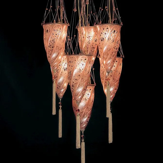 Fortuny Style 7 Light Murano Glass Cluster With Disc