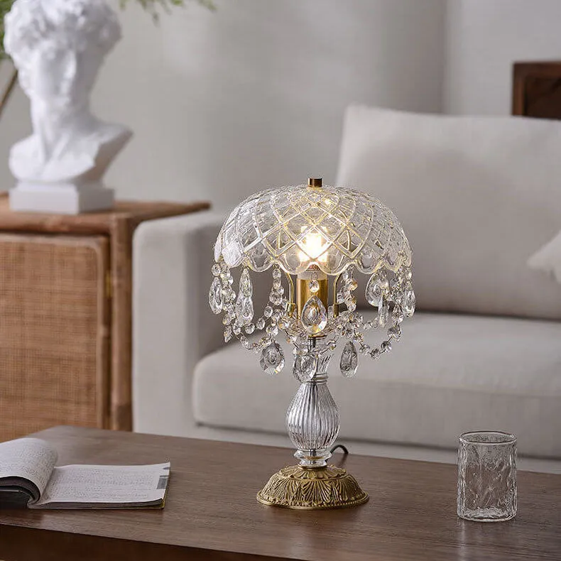 French Luxury Clear Crystal Round Tassel Copper 1-Light Table Lamp