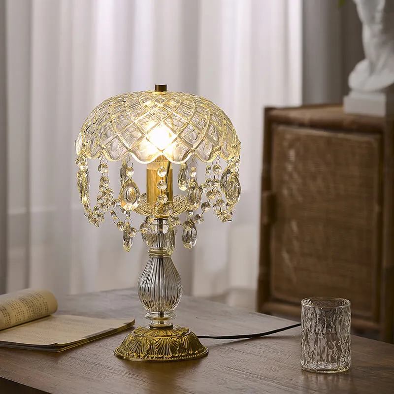 French Luxury Clear Crystal Round Tassel Copper 1-Light Table Lamp