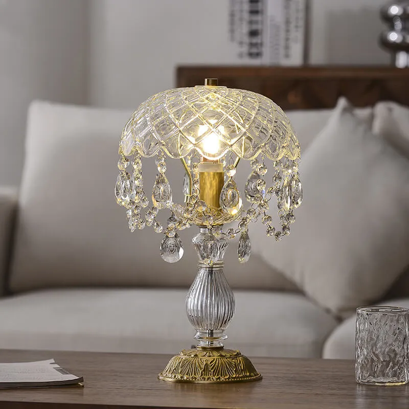 French Luxury Clear Crystal Round Tassel Copper 1-Light Table Lamp