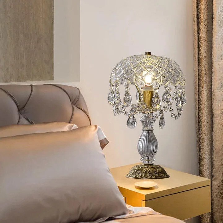 French Luxury Clear Crystal Round Tassel Copper 1-Light Table Lamp