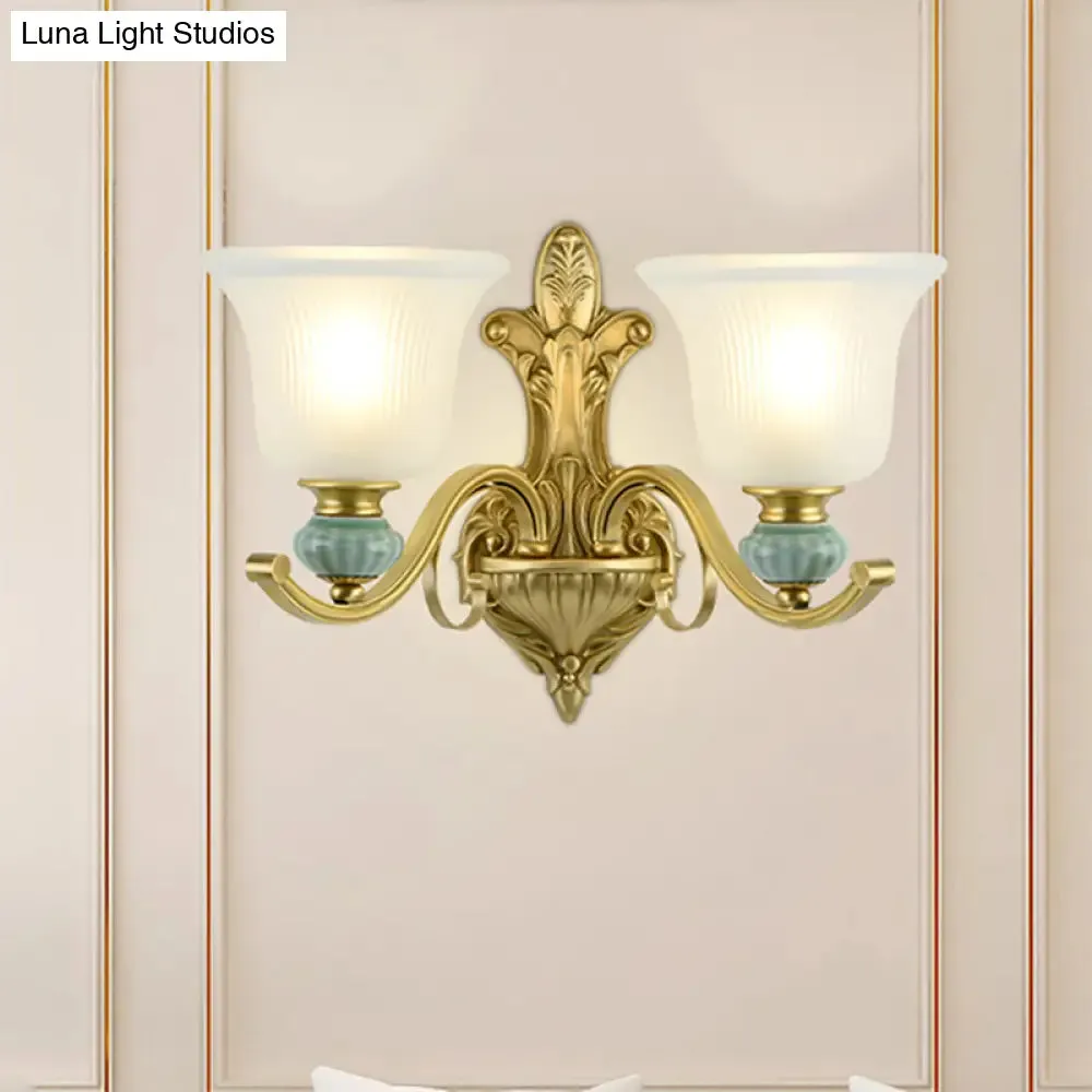 Golden Curved Arm Bell Wall Light with Frosted Glass and Ceramic Deco - Modern Style