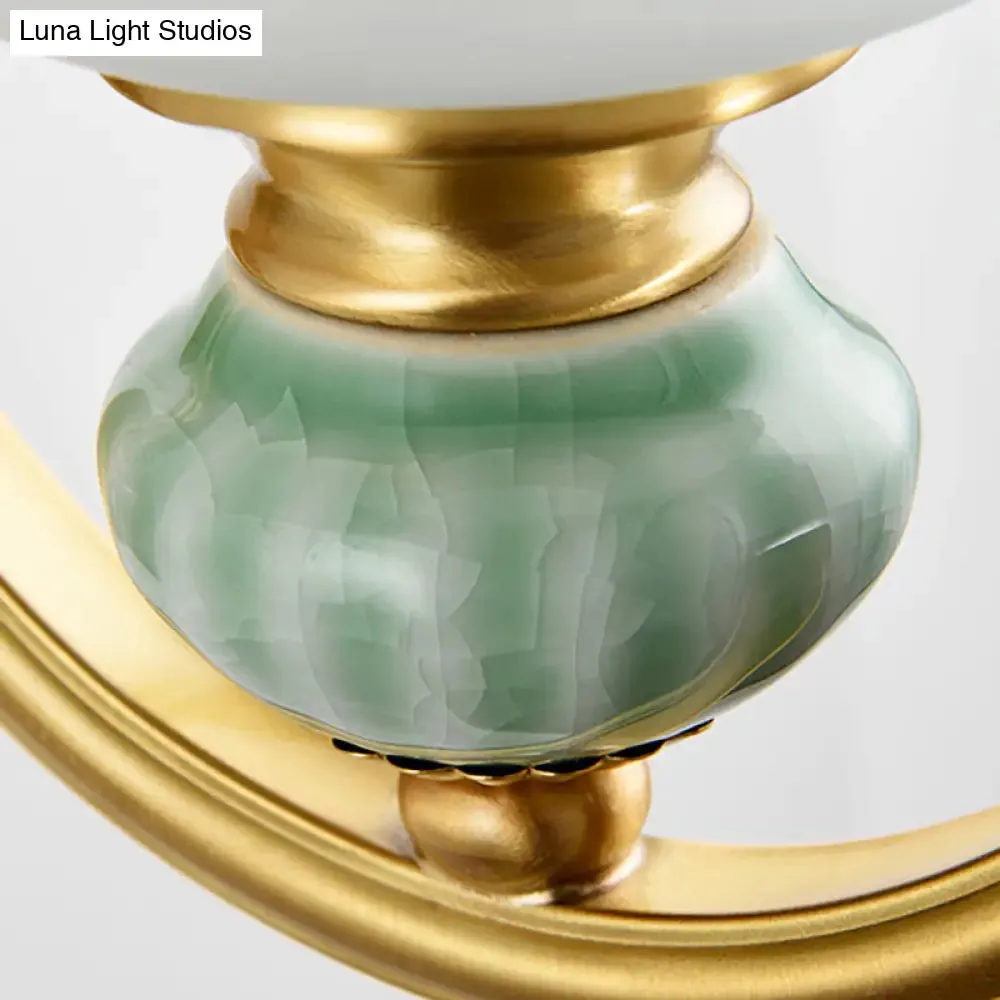Golden Curved Arm Bell Wall Light with Frosted Glass and Ceramic Deco - Modern Style