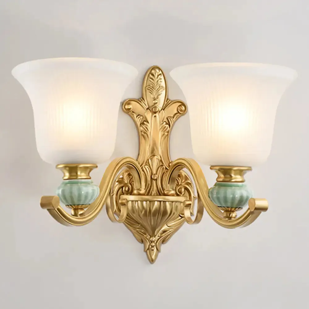 Golden Curved Arm Bell Wall Light with Frosted Glass and Ceramic Deco - Modern Style