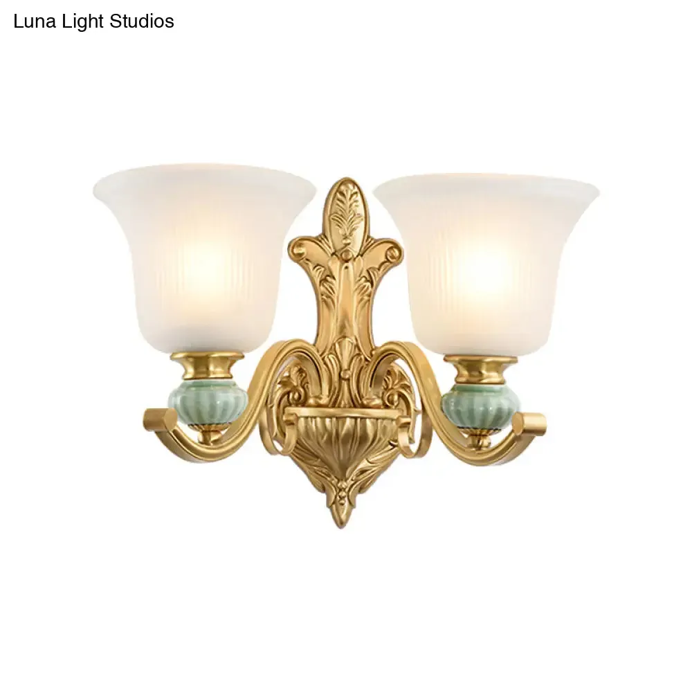 Golden Curved Arm Bell Wall Light with Frosted Glass and Ceramic Deco - Modern Style