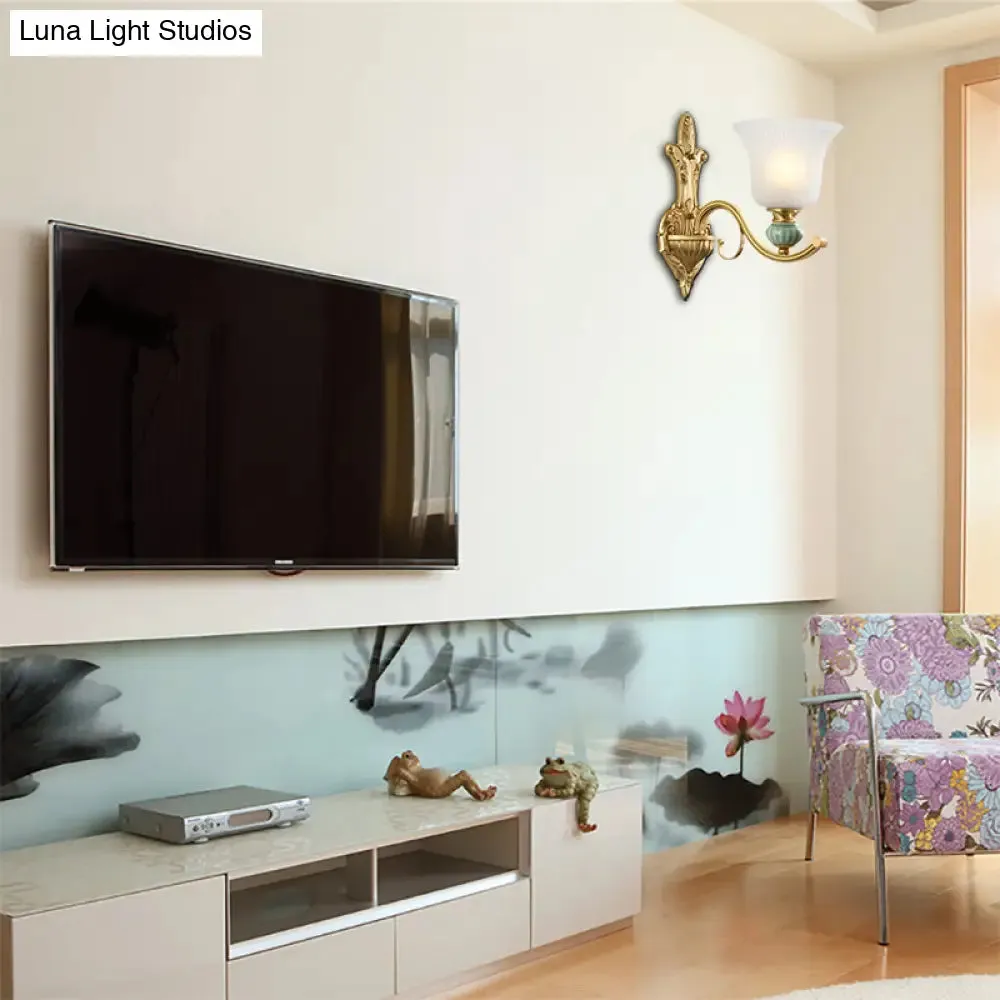 Golden Curved Arm Bell Wall Light with Frosted Glass and Ceramic Deco - Modern Style