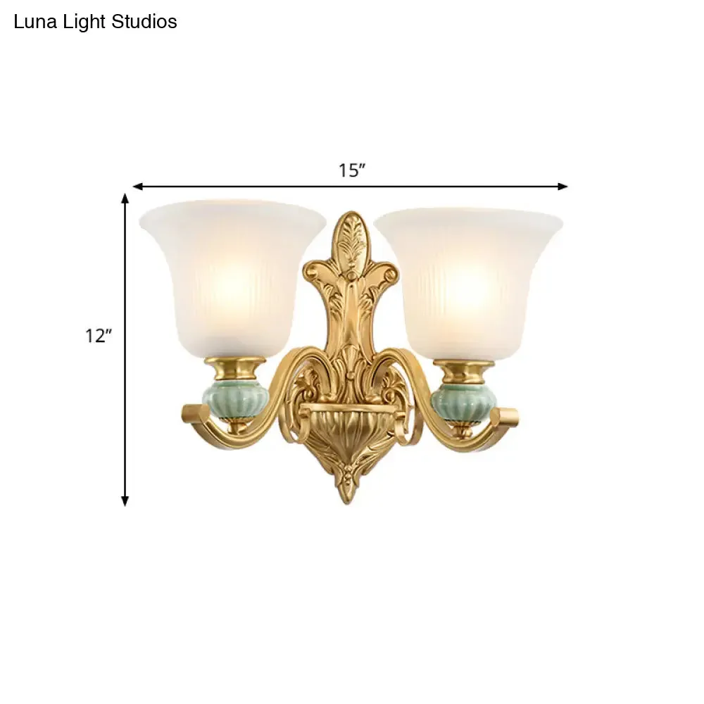Golden Curved Arm Bell Wall Light with Frosted Glass and Ceramic Deco - Modern Style
