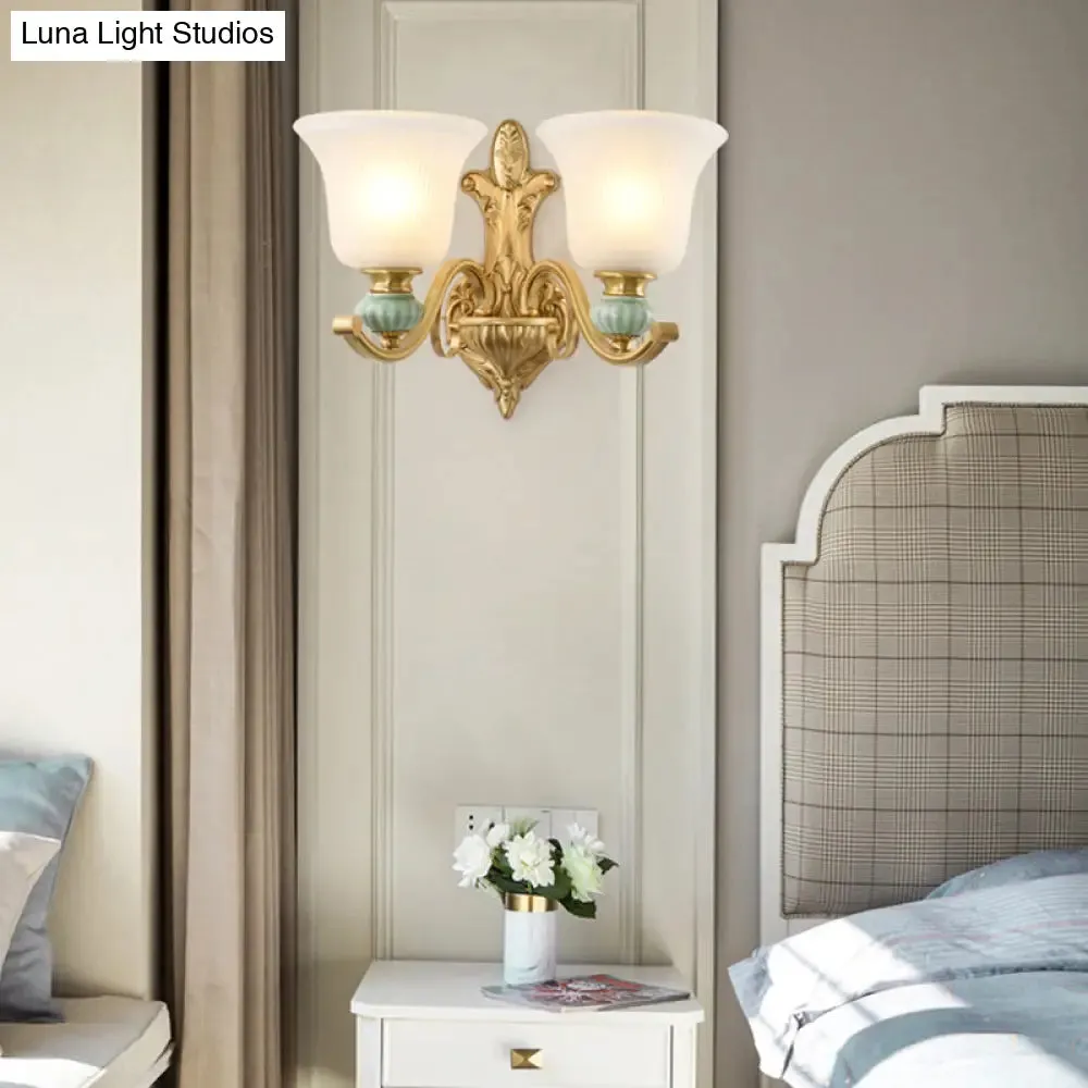 Golden Curved Arm Bell Wall Light with Frosted Glass and Ceramic Deco - Modern Style