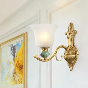 Golden Curved Arm Bell Wall Light with Frosted Glass and Ceramic Deco - Modern Style