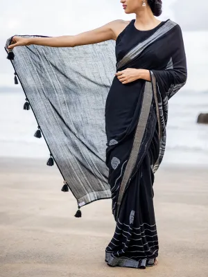 Handcrafted Conchas Linen Saree Black