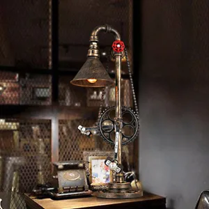 Industrial Vintage Iron Gear Plumbing Metal 2-Light Table Lamp
