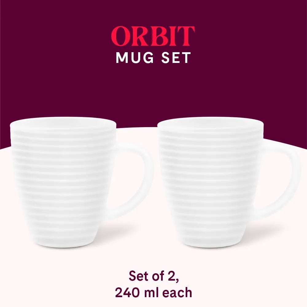 Larah by BOROSIL Orbit White Opalware Mug, Set of 2 Tea/Coffee Cups, 240 ml Each, Microwave & Dishwasher Safe, Bone-Ash Free, Crockery Set Ideal for Daily Use & Gifting