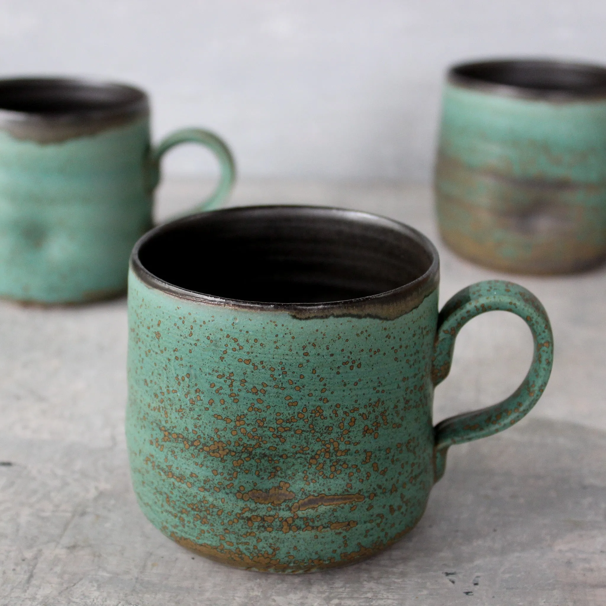 Large Black & Green Handled Mugs
