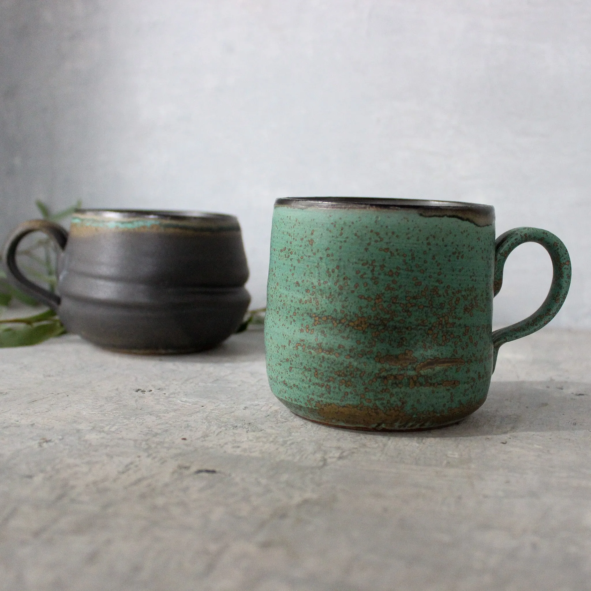 Large Black & Green Handled Mugs