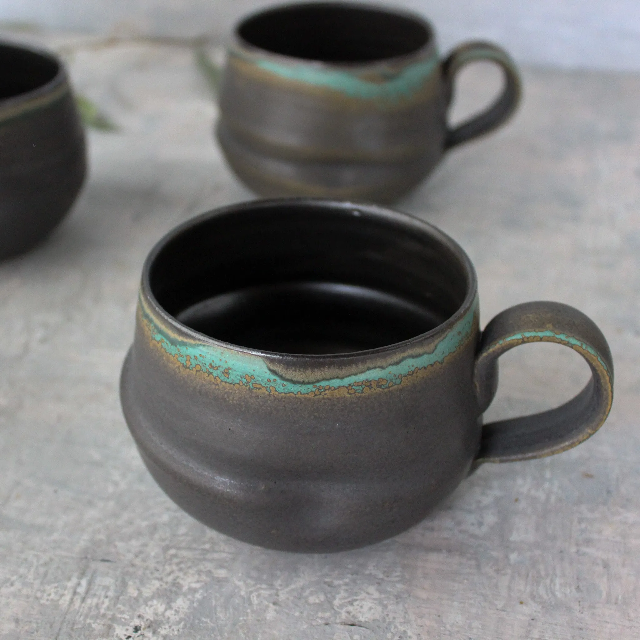Large Black & Green Handled Mugs