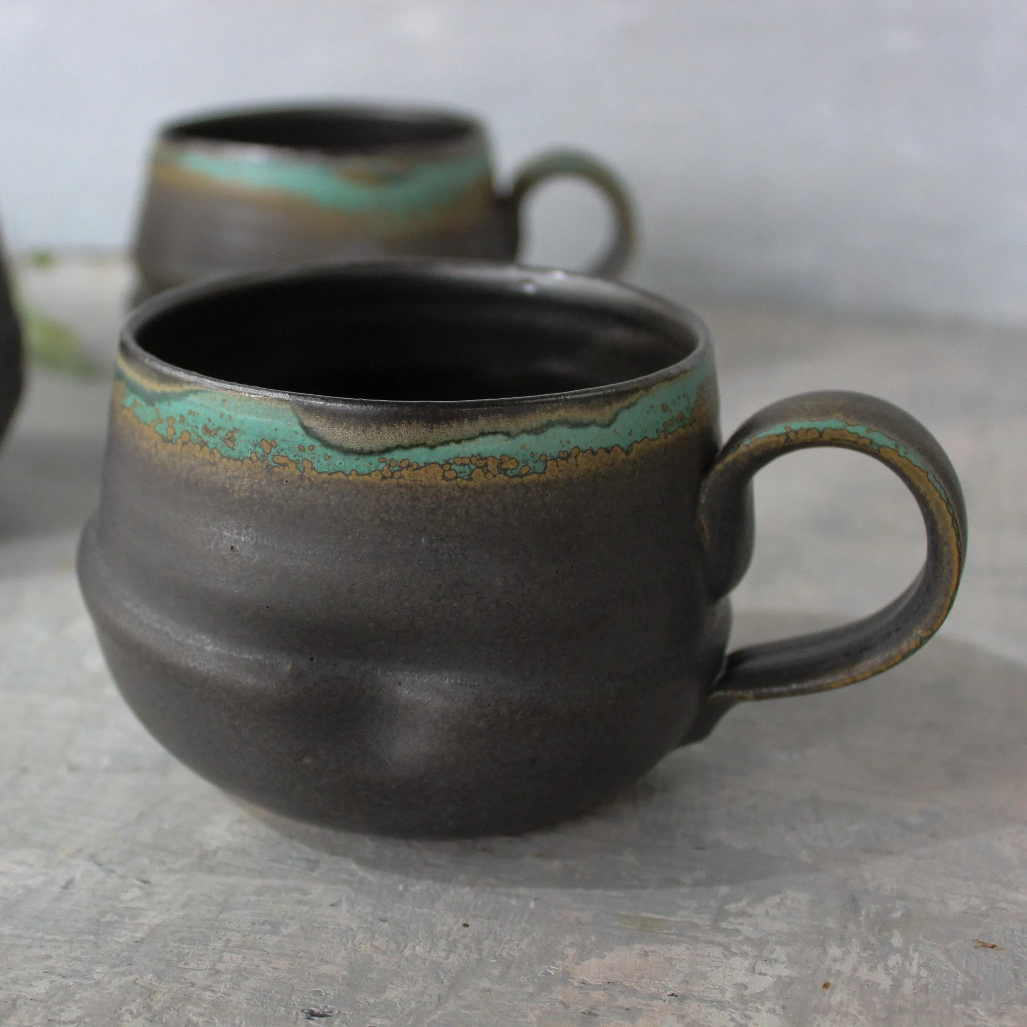 Large Black & Green Handled Mugs
