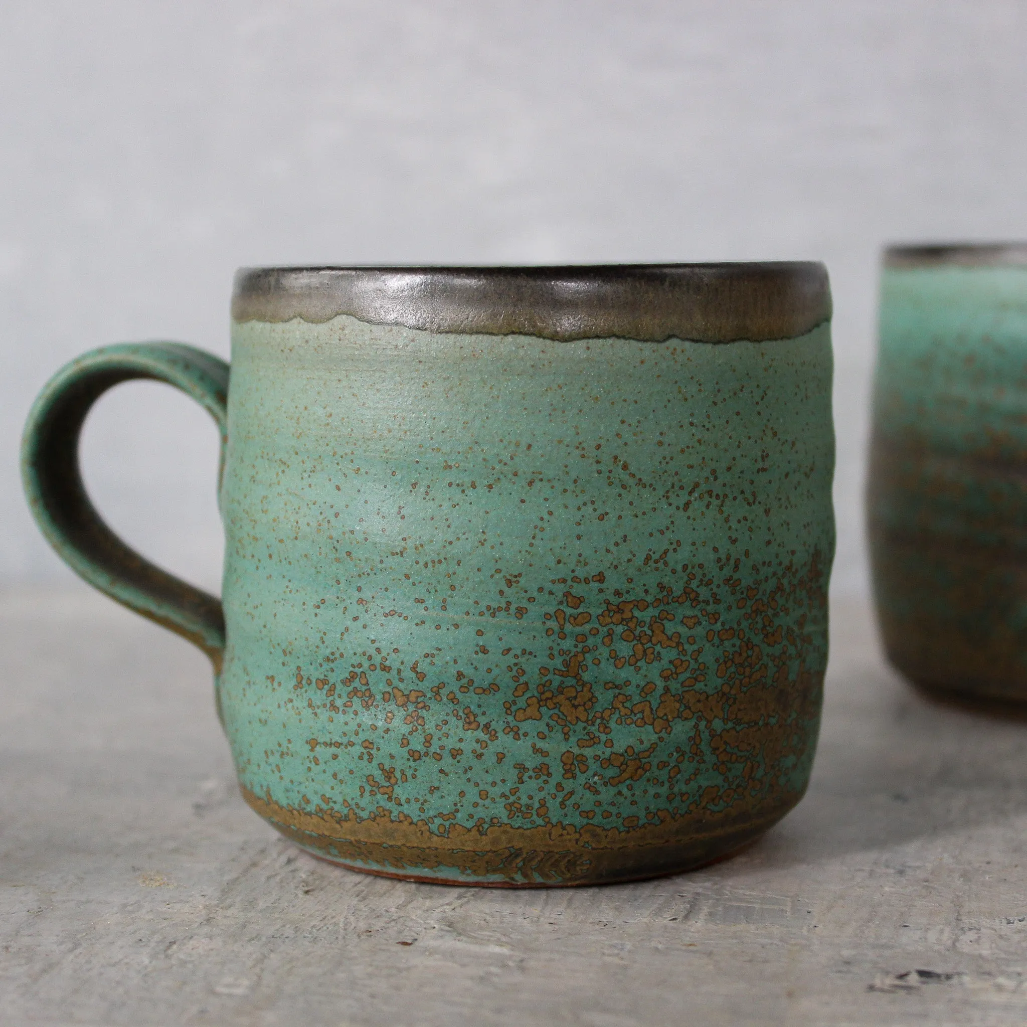 Large Black & Green Handled Mugs