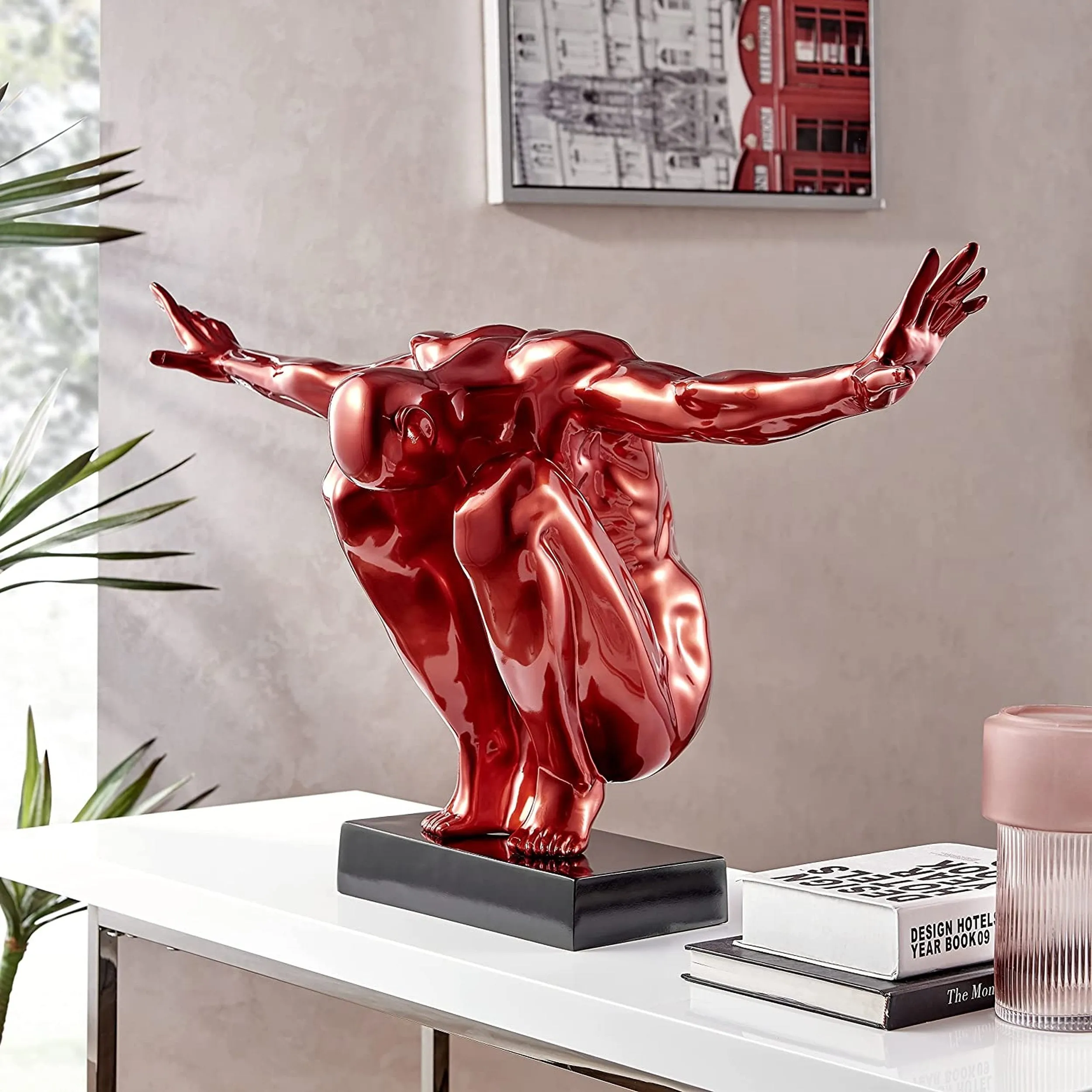 Large Saluting Man Resin Sculpture 37" Wide x 19" Tall // Metallic Red