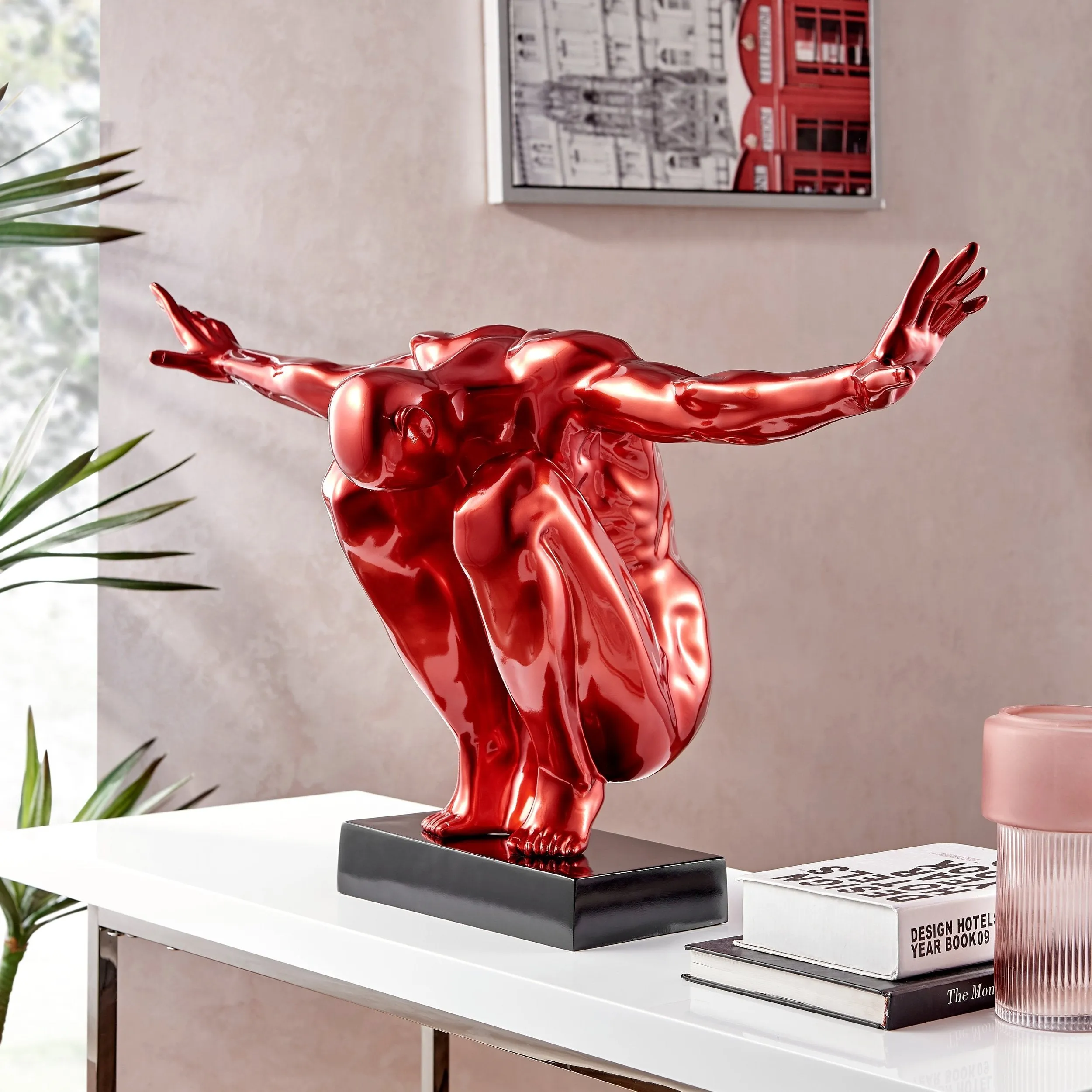 Large Saluting Man Resin Sculpture 37" Wide x 19" Tall // Metallic Red