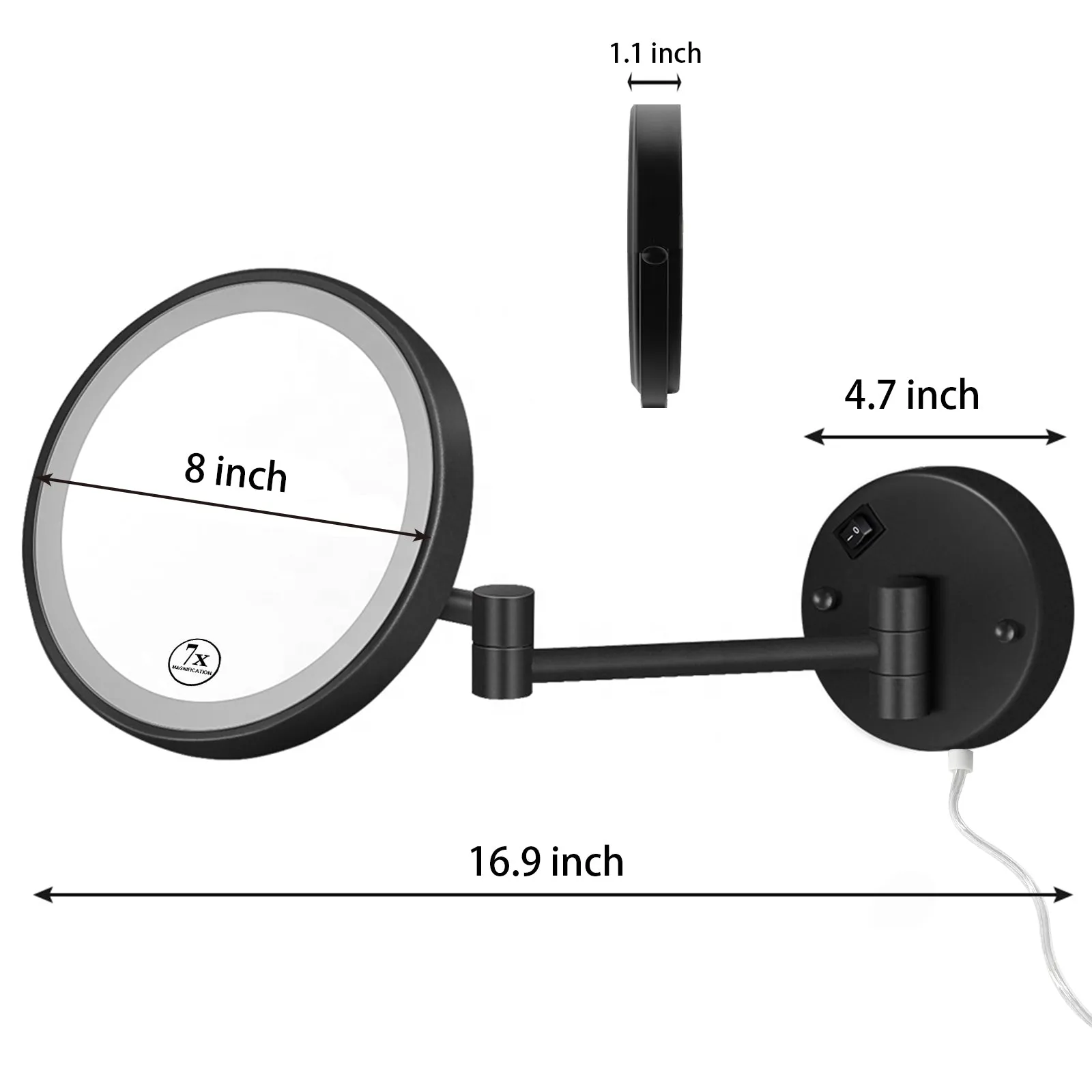 Makeup Mirror with Lights, Vanity Mirror with 7X Magnification Single Sided with White Light, Wall Mirror 8 Inch Led Magnifying Mirror for Bathroom (Black)