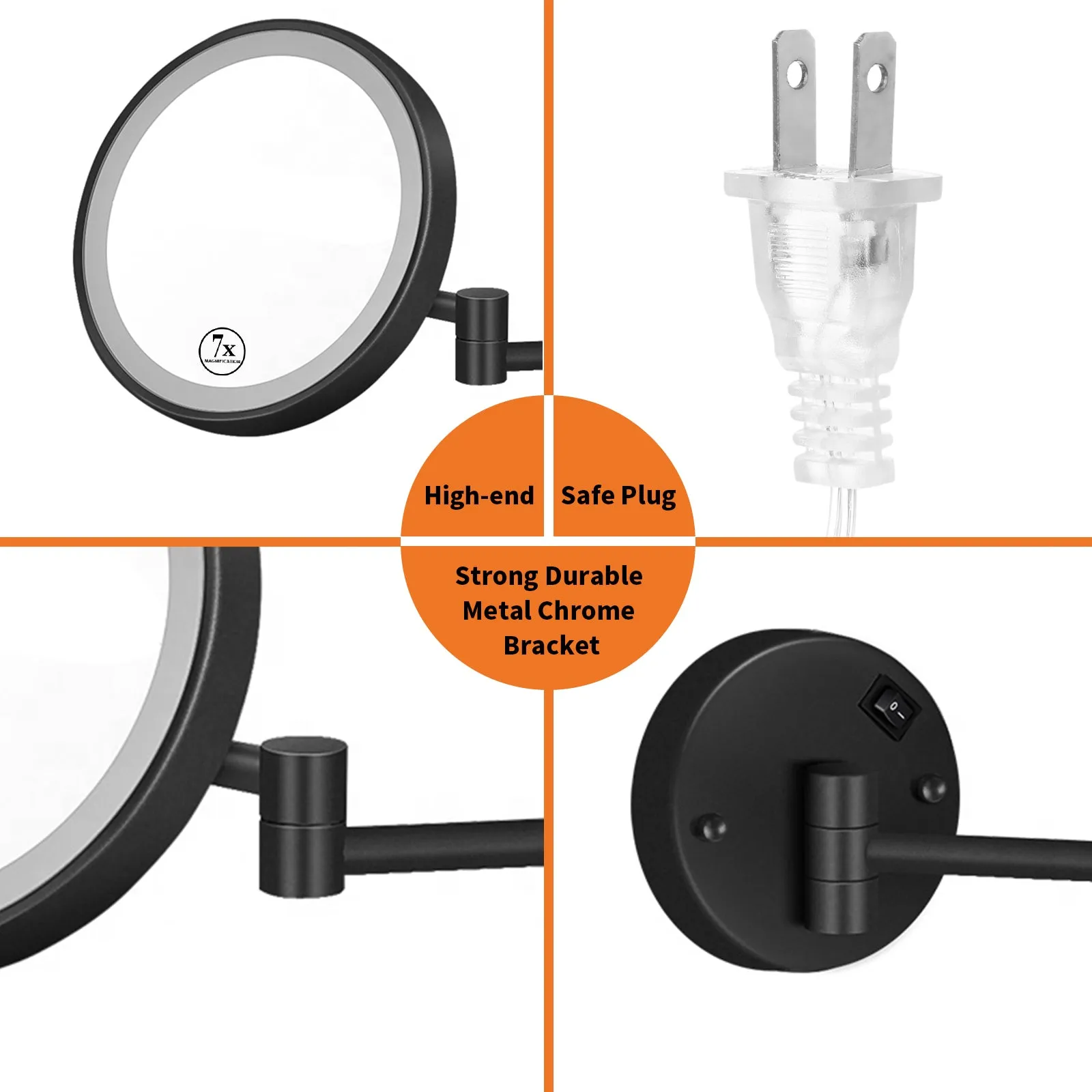 Makeup Mirror with Lights, Vanity Mirror with 7X Magnification Single Sided with White Light, Wall Mirror 8 Inch Led Magnifying Mirror for Bathroom (Black)