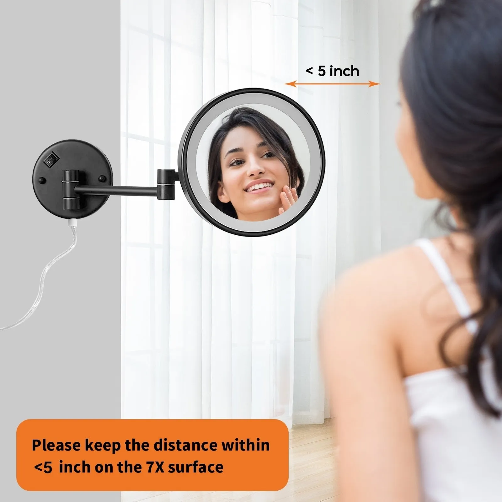 Makeup Mirror with Lights, Vanity Mirror with 7X Magnification Single Sided with White Light, Wall Mirror 8 Inch Led Magnifying Mirror for Bathroom (Black)