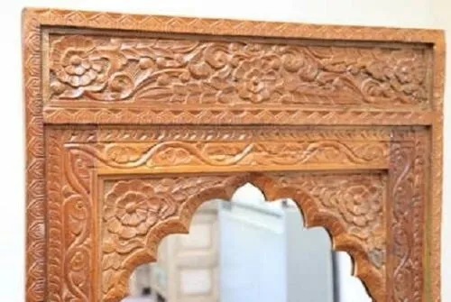 Mehrab Indian Hand Carved Mirror Arched Globe Wooden Wall Decor 120x75cm Brown