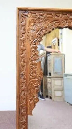 Mehrab Indian Hand Carved Mirror Arched Globe Wooden Wall Decor 120x75cm Brown
