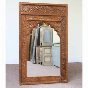 Mehrab Indian Hand Carved Mirror Arched Globe Wooden Wall Decor 120x75cm Brown