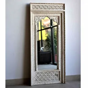 Mehrab Indian Hand Carved Mirror Arched Globe Wooden Wall Decor 150x75cm Silver